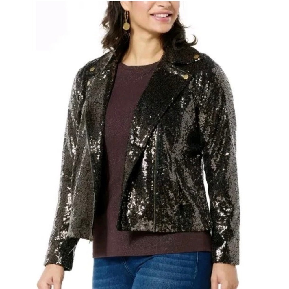 Colleen‎ Lopez Black Bronze Sequin Moto Jacket Asymmetrical Zip XL Holiday Party